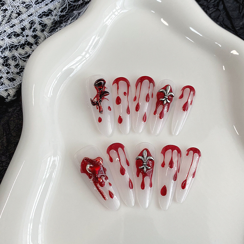 10개입 롱 아몬드 프레스온 네일 투명 베이스 레드 블 - Drip Tip Resin 리뷰 및 가격